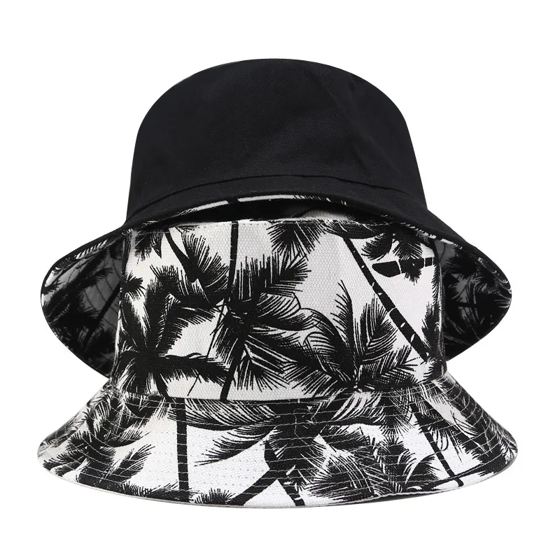 Fashion Canvas Fisherman Hats Men and Women Printed Coconut Palm Double-sided Bucket Hat Unisex Outdoor Travel Sun Visor Caps