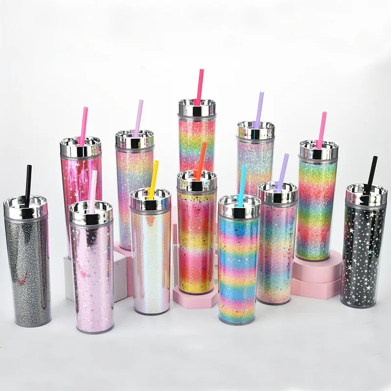 Bicchiere skinny da 16 once Bicchiere di plastica a doppio strato con cannuccia Summer Party Rainbow Gradient Glitter Bottiglia dritta per ragazze donne