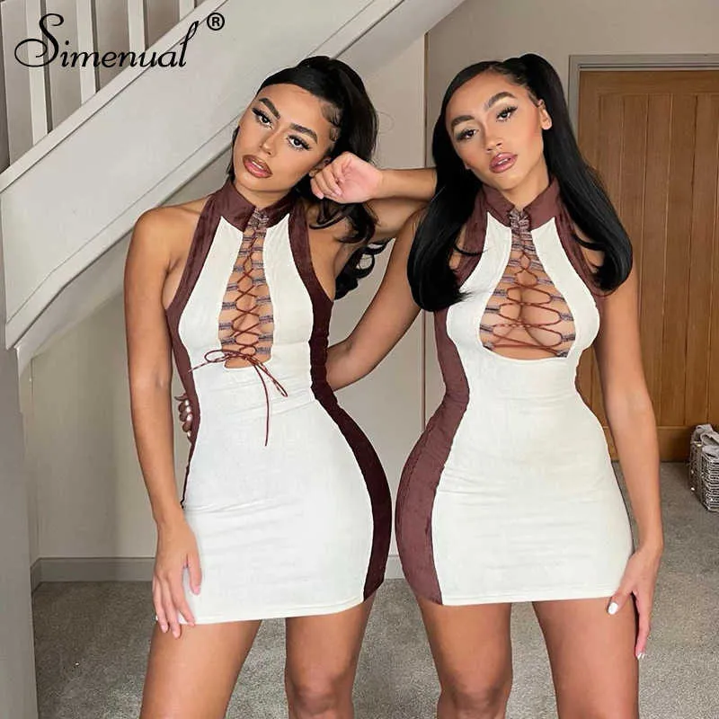 Simenual Patchwork 레이스 Up Corduroy Skinny Dress for Women Long Sleeve Sexy Hollow Forterwear Club Bodycon Tank Dress X0529