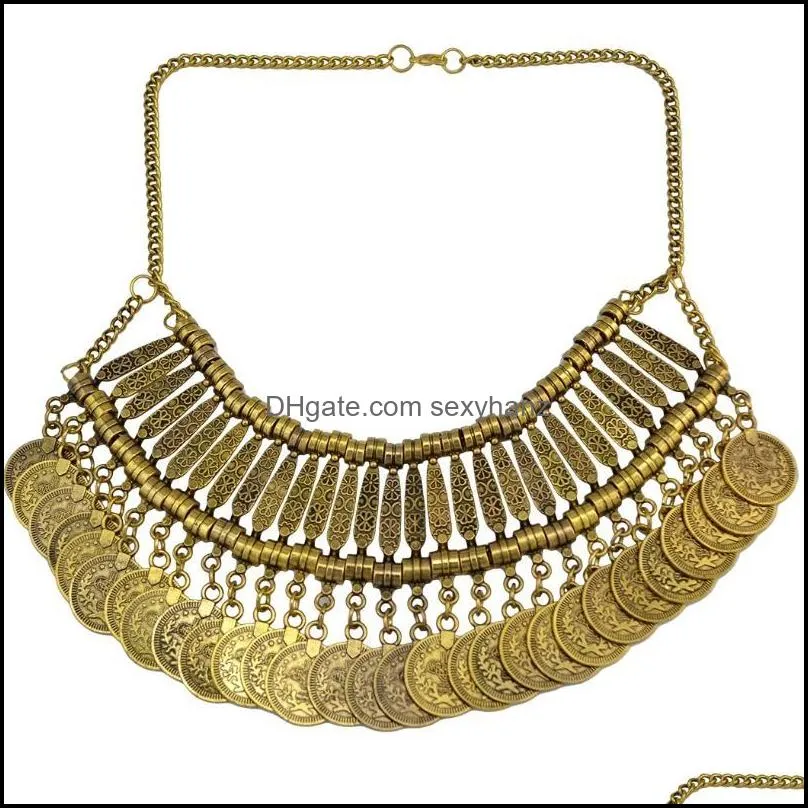 Vintage Gypsy Geometric Coin Tassel Bib Statement Choker Necklaces For Women Boho Turkish African Necklace Party Jewelry Gift Pendant