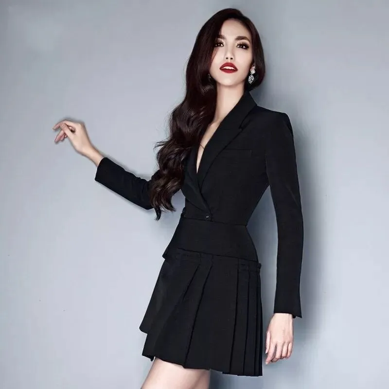 Autumn Runway 2 Pieces Set Women Long Sleeve Striped Black Blazer Coat With Irregular Fold Midi Skirt Female Fashion 210520