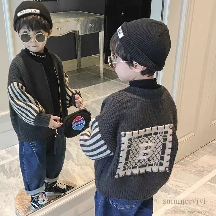 Boys knitted stripe long sleeve cardigan kids letter embroidery patch sweater outwear children casual clothing tops Q2854