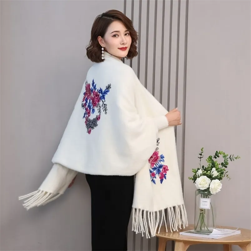 Искусственная норка меха Cheongsam мыс шал пальто женский осень и зимний стиль вязаный свитер с рукавами вышитые 210427