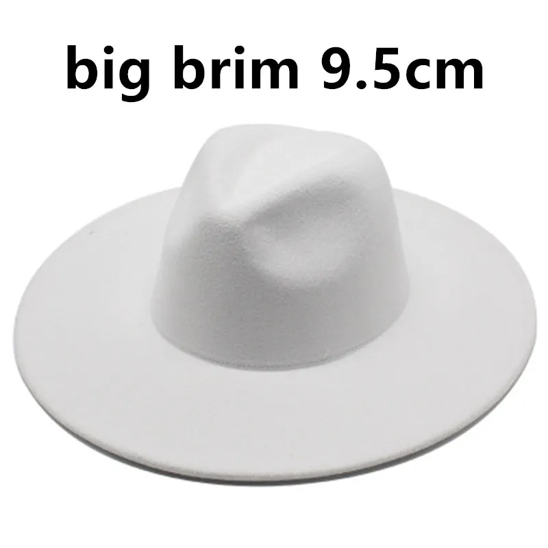 간단한 영국 스타일 겨울 모직 솔리드 클래식 Fedoras 모자 남성 여성 파나마 재즈 모자 9.5cm 와이드 브림 큰 페도라