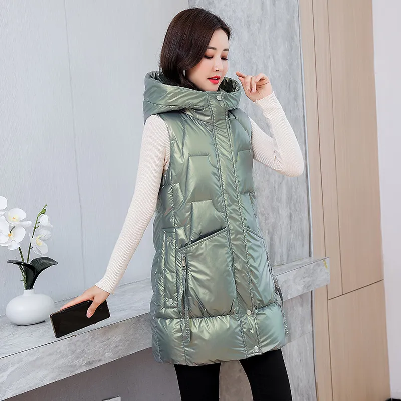 Solid Hooded Long Vest Women Winter Waistcoat Fashion Glossy Coat