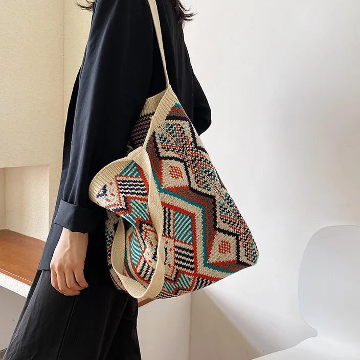 Abendtaschen Dame Stricken Gypsy Bohemian Boho Chic Azteken Einkaufstasche Frauen Häkeln Wolle Offener Shopper Top-Griff 2021 Weibliche tägliche Handtasche