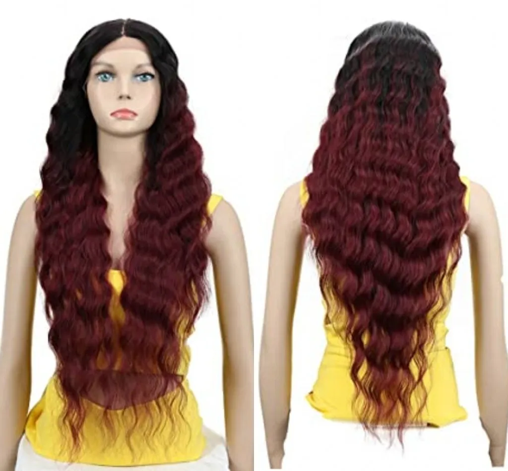 30 Inch Ombre Red Deep Wave Lace Frontal Wig for Women Middle Part Synthetic Wigs High Temperature Fiber Hair Cosplay Party