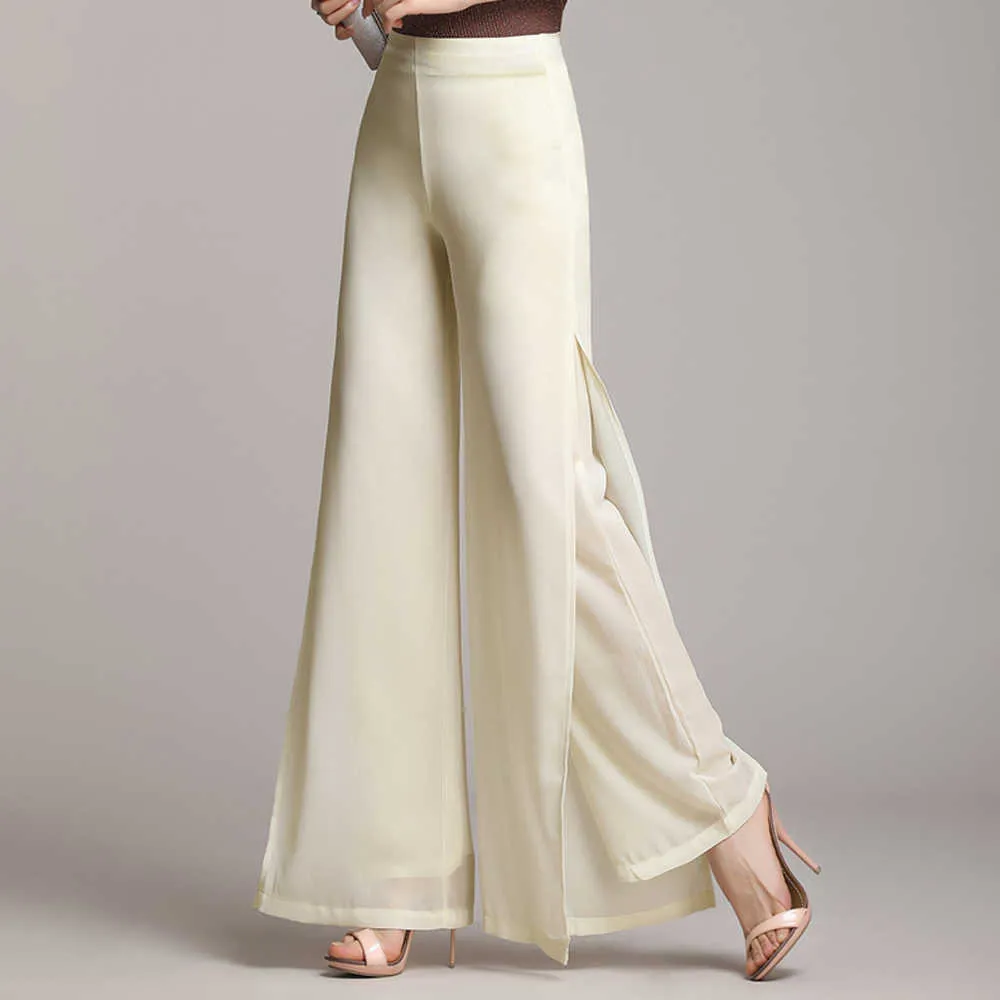 Women Wide Leg Pants Summer High Waist Chiffon Loose Straight Trousers Elegant Lady Casual Club Party Dance Q0801