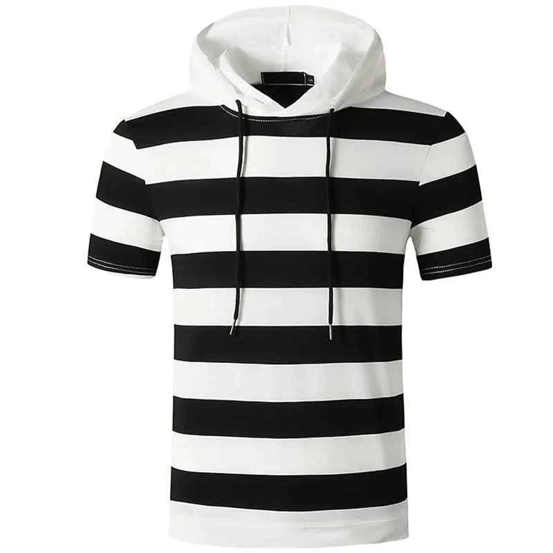 Men's T-Shirts Striped T Shirt Men Workout Casual Muscle Shirts Mens Hooded Oversized Hip Hop Tee Summer Harajuku Patchwork Tops