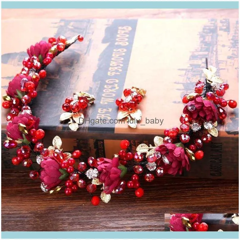 FORSEVEN Red Pink Crystal Pearl Handmade Crown Tiaras piece Jewelry Women Head Piece Wedding Party Hair Accessories JL