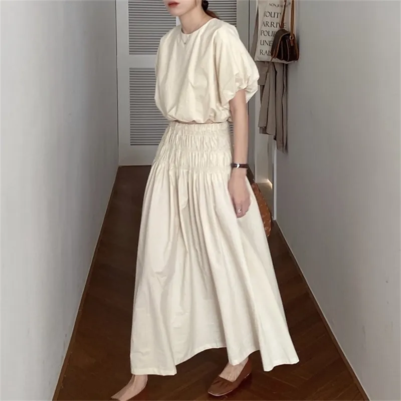 Corea verano elegante mujer 2 piezas conjunto Puff camisa de manga corta Top + cintura alta falda larga traje 210519