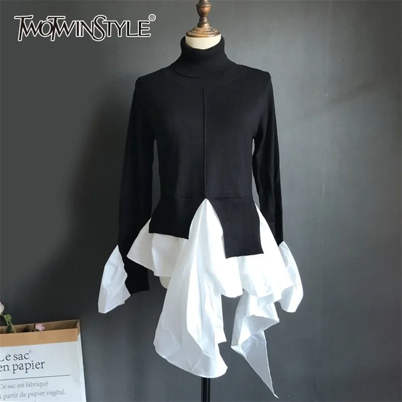 Hit Color Irregular Hem Sweater For Women Turtleneck Long Sleeve Casual Korean Sweaters Female Fashion Clothing 210524