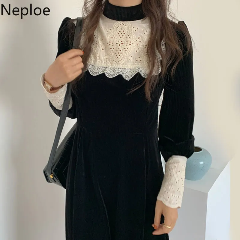 Neploe Maxi Платья для женщин Корейский Шик Стенд Шея Кружева Лэч-Весте Вестидос Тонкий WiAst Thufles Элегантный темперамент Черное платье 210422