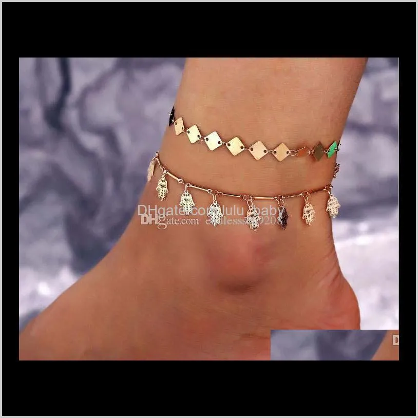 Anklets Jewelry 20Pcs Gold Palm Ankle Anklet Bracelet Barefoot Sandal Beach Foot Chain Two Layer Drop Delivery 2021 Lqpla