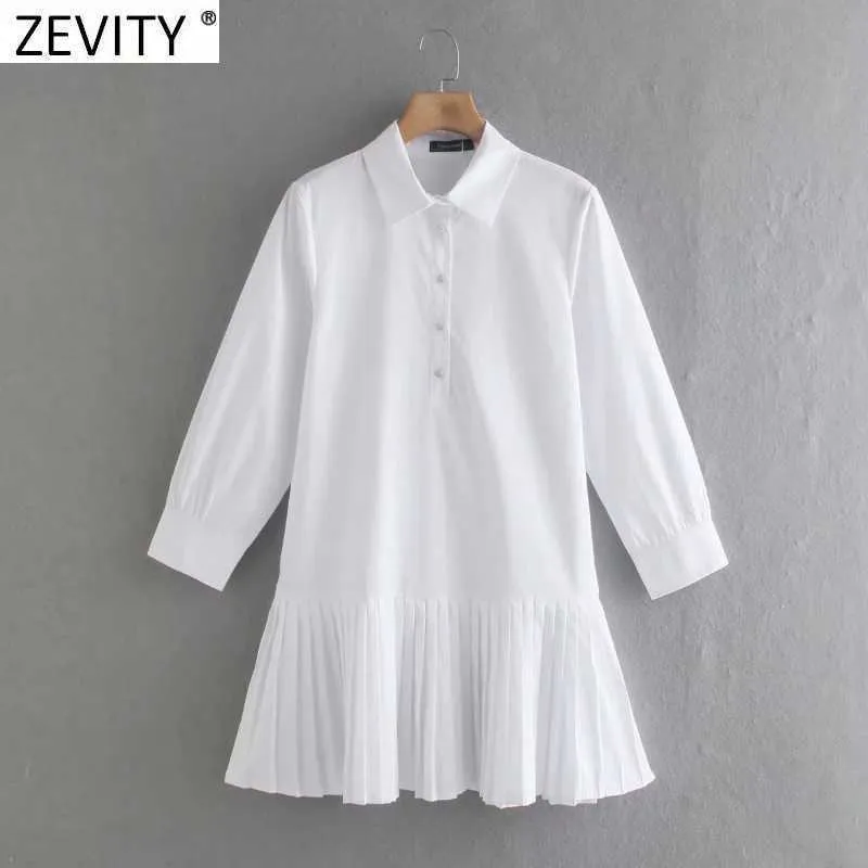 ZEVITY Kadınlar Moda Dönüş Yaka Hem Peated Beyaz Gömlek Elbise Kadın Patchwork Poplin Vestido Chic İş Elbiseleri DS8390 210603