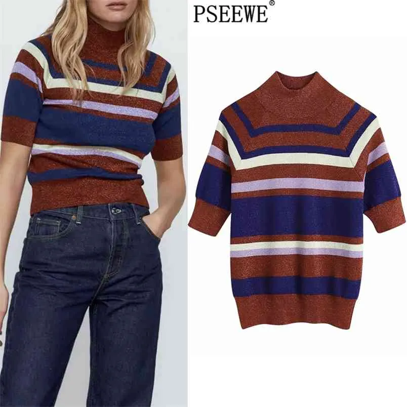 Red Striped Knitted Turtleneck Sweater Women Fall Short Sleeve Sweaters Ladies Metallic thread Rib Pullover 210519