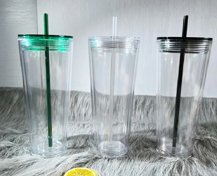 DIY 24oz Clear Plastic Tumblers Flat Lid Acrylic Water Bottles with Straw Double Walled Portable Office Coffee Mug Reusable Transparent Solid PS Drinking Cups Min