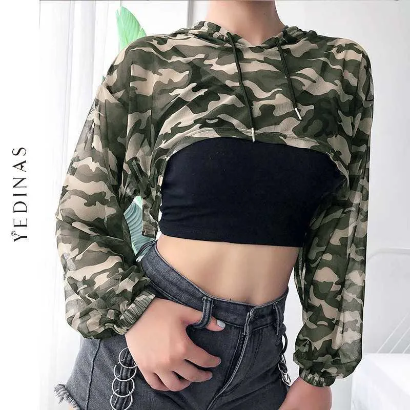 Yedinas Camuflagem Crop Top Mulheres ver através de Malha Sheer Tops Sexy Longa Manga Com Capuz T-shirt Y2K Tie Tye Streetwear Spring 210527