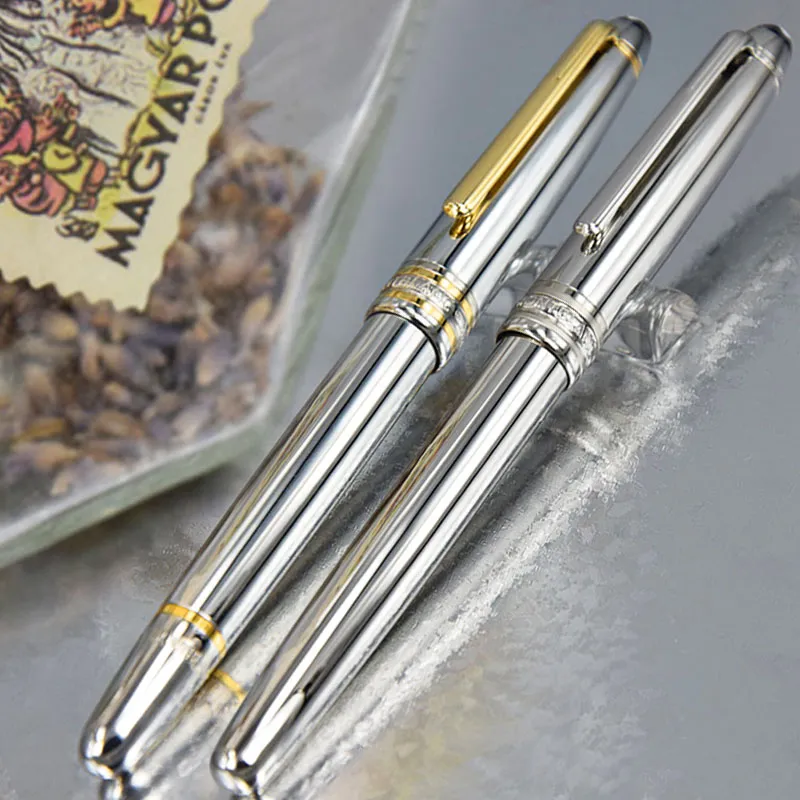 Lyx Msk-163 Classic Fountain/Rollerball/Bolspetspenna högkvalitativ silver slät fat skolkontorspapper med serienummer+presentpåfyllning plyschpåse