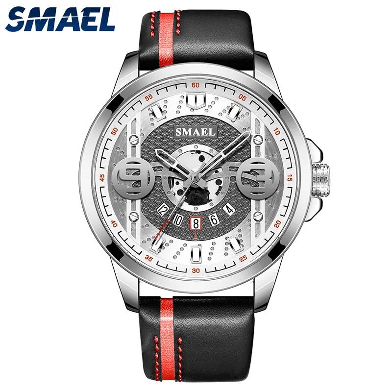 Moda Casual Wristwatches Smael Skórzana Bransoletka Zegarek Auto Date Stop Case Męski Zegar SL-9167 Cool Men Zegarki Wodoodporna Q0524