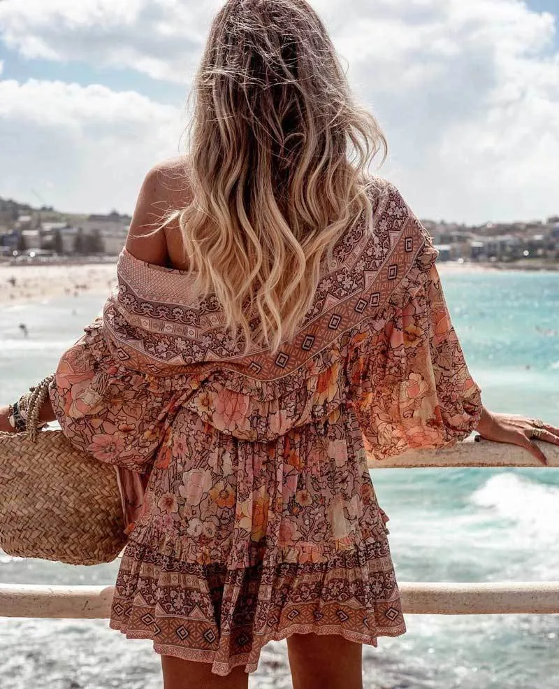 gypsy fashion dresses Gypsy Style Unique Print Cowl Neck Back Lace-up Slit Midi Dress – roschic main image 0