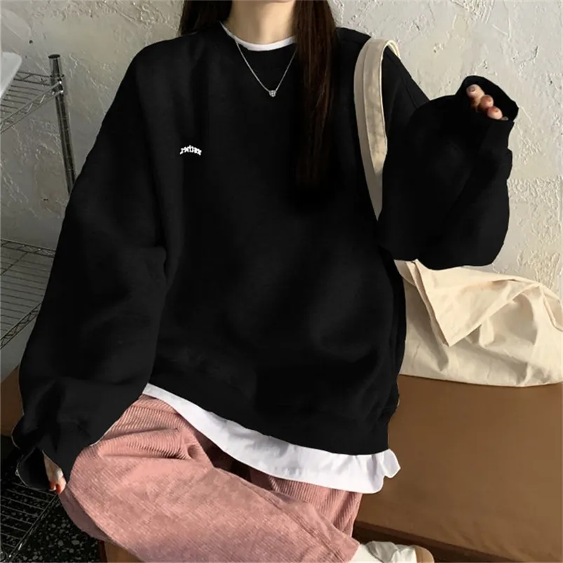 Übergroßer Hoodie Frühling Sommer Tops Brief Pullover Koreanische Mode Plüsch Damen Sweatshirt Marine Grau Schwarz Kleidung 210909