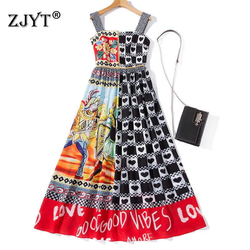 Hoge Kwaliteit Kralen Kleur Blok Print Runway Lange Spaghetti Strap Jurk Zomer Vrouw Kleding Vierkante Kraag Vintage Vakantie Robe 210601