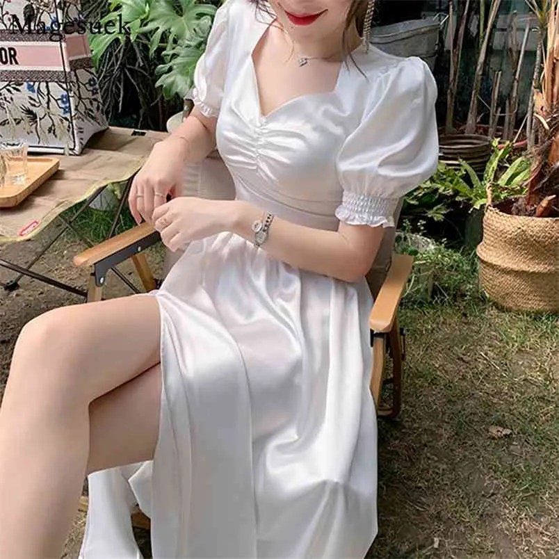 Fee Satin Weiß Kleid Frauen Puff Sleeve Casual Midi Elegante Split V-ausschnitt Sexy Sommer Party es Robe Femme 13261 210512