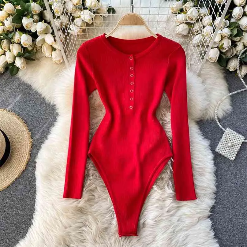 Moda Bahar Uzun Kollu Örme Bodysuit Kadınlar Düğme Yukarı Ince Streç Skinny Tulum Rahat 210603