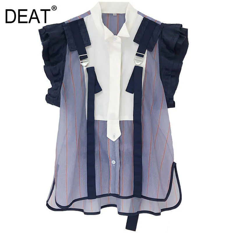 [DEAT] volants Patchwork Hit couleur femmes Blouse revers sans manches coupe ample chemise mode printemps automne 13T187 210527