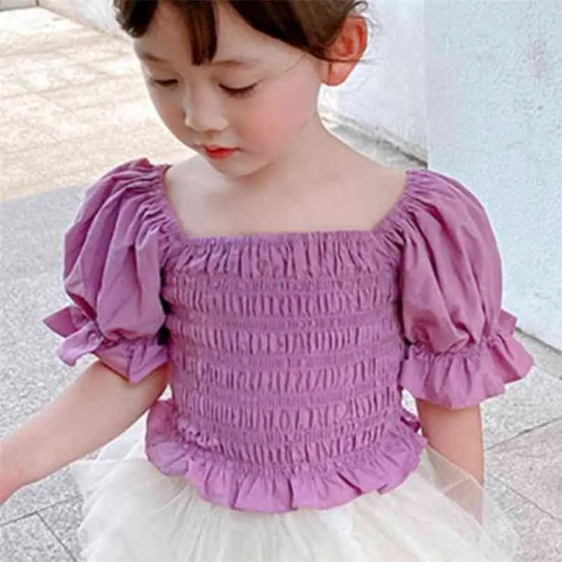 Summer Korean Style Puff Sleeve Princess Blouses Pure Color Cute Pleated Shirts Children's Clothing And 210528