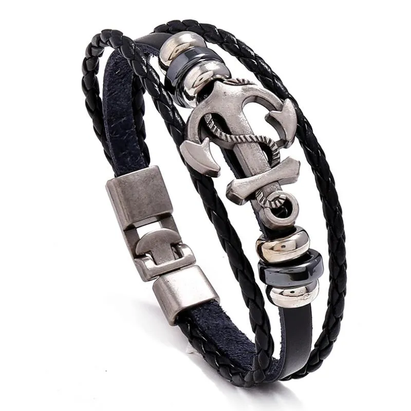 Multilayer Men Casual Fashion Braided Leather Bracelets For Women Wood Bead Bracelet Punk Rock Jewelry