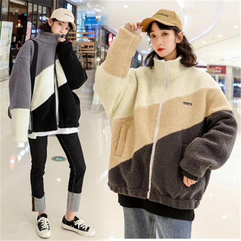 Mulheres Faux Faux Loalheira Plus Size Casaco Mulheres 2021 Inverno Moda Solto e Grosso Coleira de Stand-up de manga comprida Tendência de jaqueta quente 251