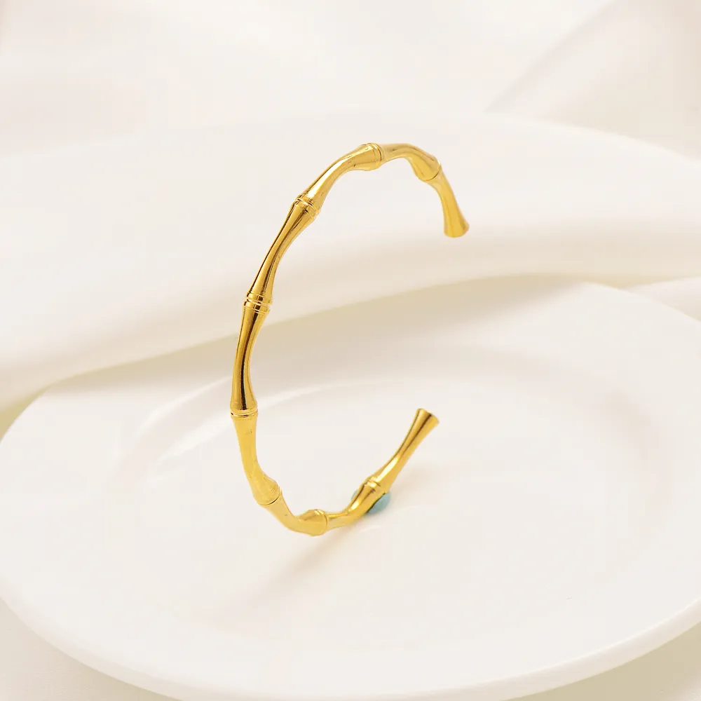 Bracciale rigido a forma di bambù in metallo dorato Bracciale rigido giallo solido 24 carati da donna - Braccialetti dorati minimalisti per lei