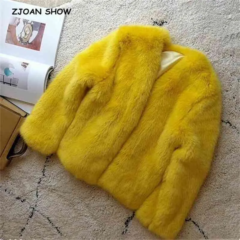 Winter V neck Hairy Shaggy Yellow Faux fox Fur Coat Long sleeve ry Women Jacket Short Outerwear 210429