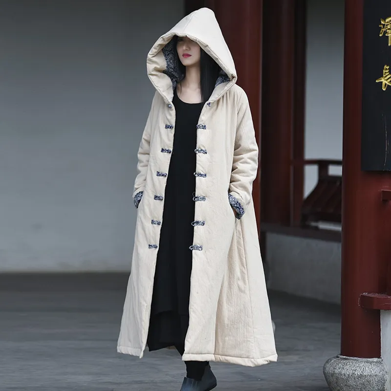 ジョニー教徒の女性中華風フード付きパーカー厚い暖かいコットンリネンコート冬のAラインヴィンテージオリジナルの女性パーカー210521