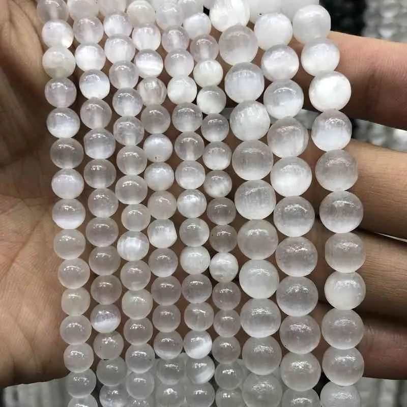 Oryginalne naturalne kamień koty oko, biały kalcyt Selenite 6mm 8mm 10mm luźne koraliki Pełna Strand.1 z 15 "Strand