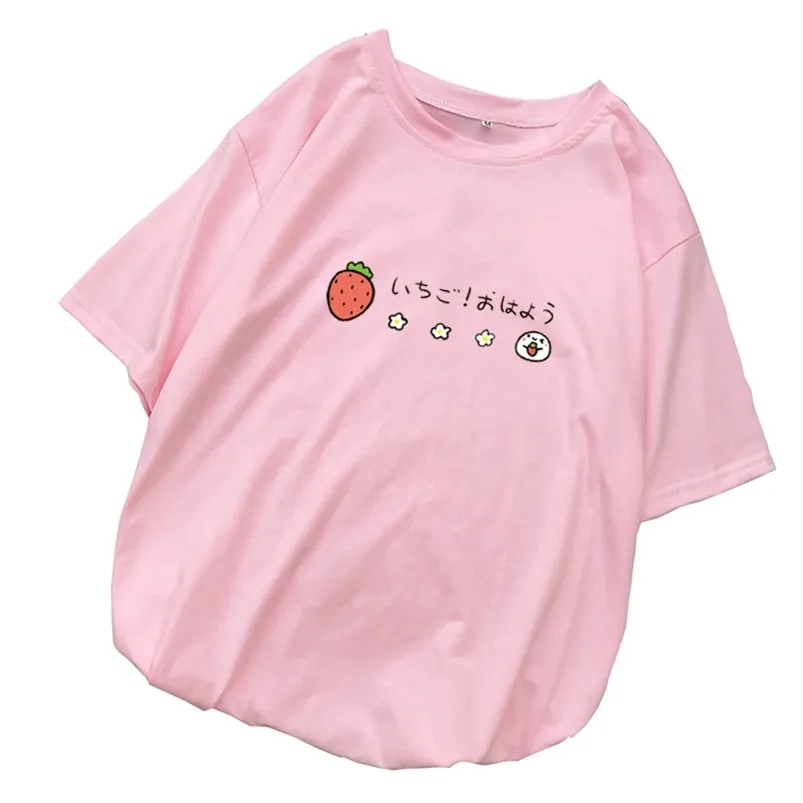 Femmes fraise imprimer t-shirts été à manches courtes hauts dames décontracté Streetwear Harajuku Tumblr Kawaii dessin animé t-shirt Femme 210623