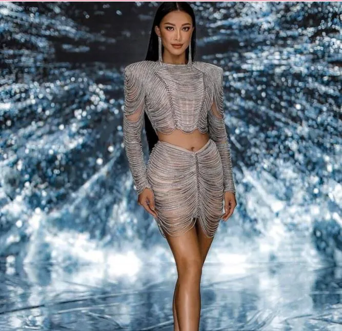 Aftonklänning Kvinnor Klänning Yousef Aljasmi Myriam Fares 2 Pieaces Långärmad Silver Crystal Tassel Mini Short Dress High Shoulder Kim Kardashian Kylie Jenner