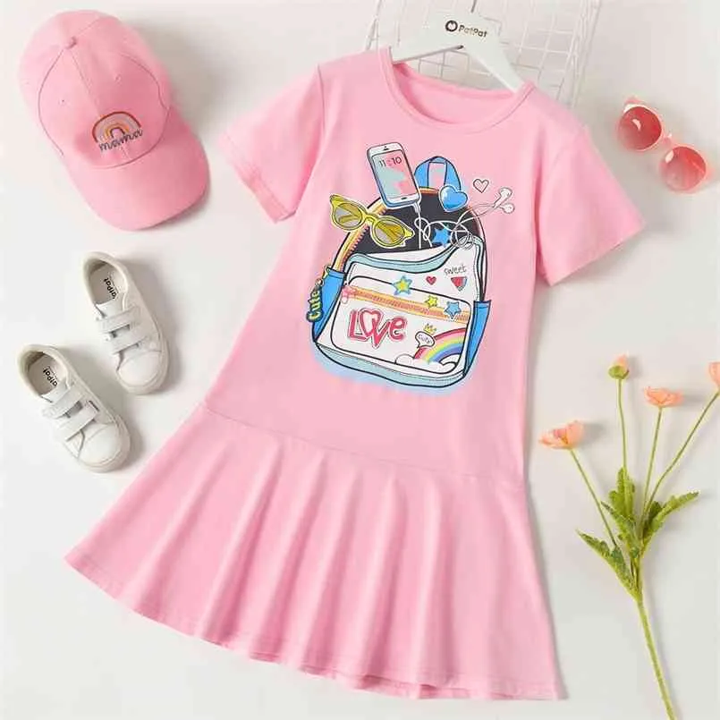Pretty Kid Girl Short-Sleeve Ruffled School Bag Print Dress 210528