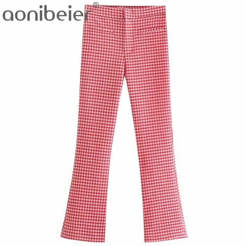 Feminino Verão Manta Skinny Flare Calças Alto Cintura Zíper Fechado Ankle Comprimento Mulheres Casual Verificado Vermelho 210604