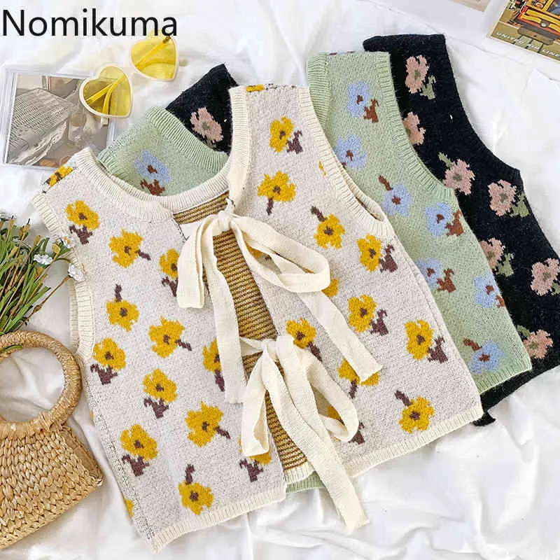 Nomikuma Japan Style Flower Pattern Vintage Vest Women Backless Lace Up Casual Gilet retrò femminile Sweet All-match Top 210514