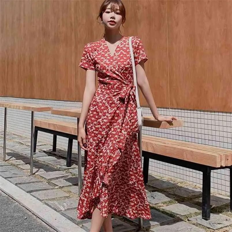 Summer Women Floral Print V-Neck Boho Long Chiffon Dress Ruffles Wrap Casual Slim Split Sexy Party Robe 210519