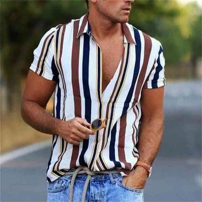 Stil Yaz Çizgili Gömlek erkek Gündelik Kısa Kollu Üst 210721