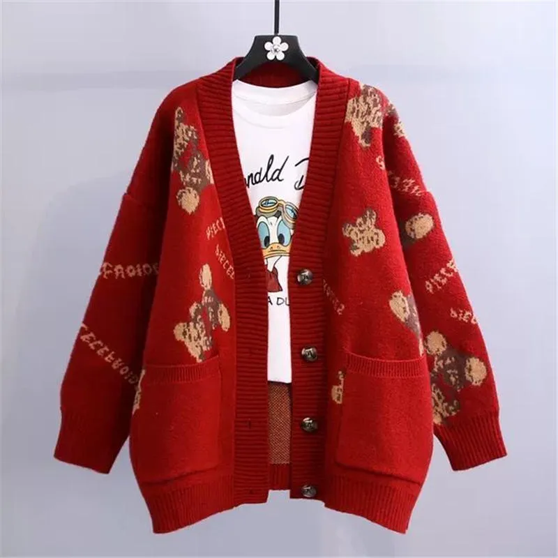 Cardigan de decote em V casual feminino, suéter de malha coreano com letra de urso, casaco de moda solta