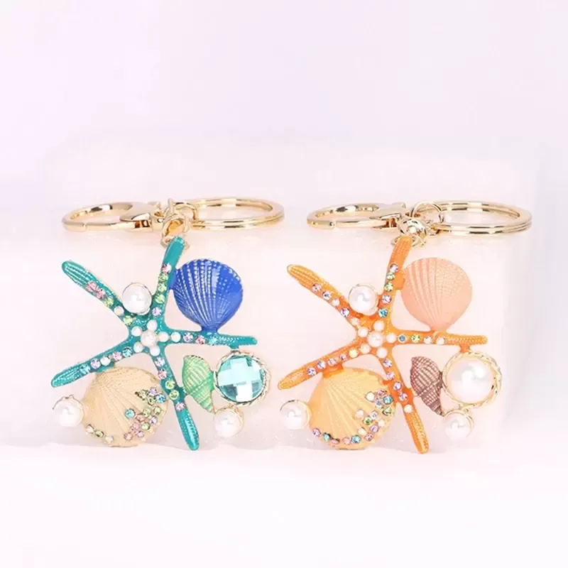 Personlighet Ocean Series Diamond-Errusted Key Ring Scallop Pearl Charm Pearl Shell Keychain Fashion Bag Accessories