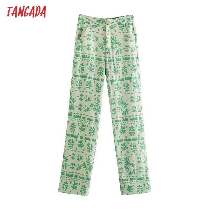 Tangada Mode Femmes Feuilles Vertes Imprimer Costume Pantalon Pantalon Vintage Style Poches Boutons Bureau Lady Pantalon Pantalon 5Z231 210609