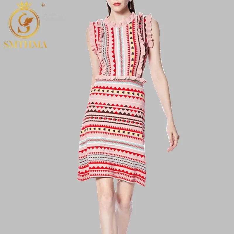 Kadın Şerit Parlak Renk Yaz Örgü Vestidos Fırfır Kol Kazak Rahat Geometri Desen Elbise 210520