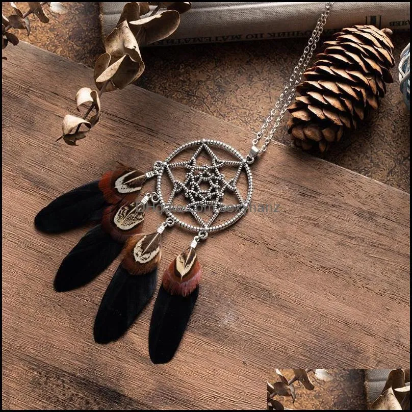 Ethnic Long Black Brown Feather Leather Chain Necklaces for Women Girls Vintage Dream Catcher Pendants Sweater Necklace Jewelry1