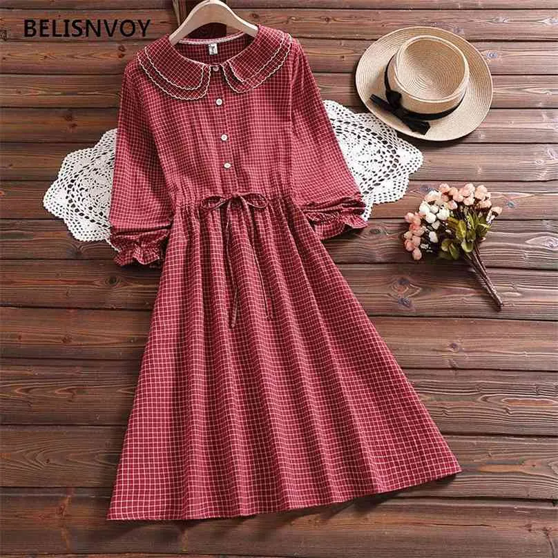 Mori Girl Printemps Automne Femmes Robe Double Couche Peter Pan Collier Rétro Plaid Élégant Coréen Chic Doux Mignon 210520